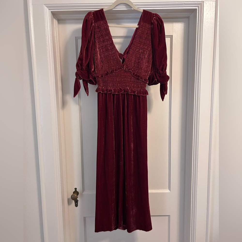 Sea New York Burgundy Velvet Midi Dress with Smocked Bodice